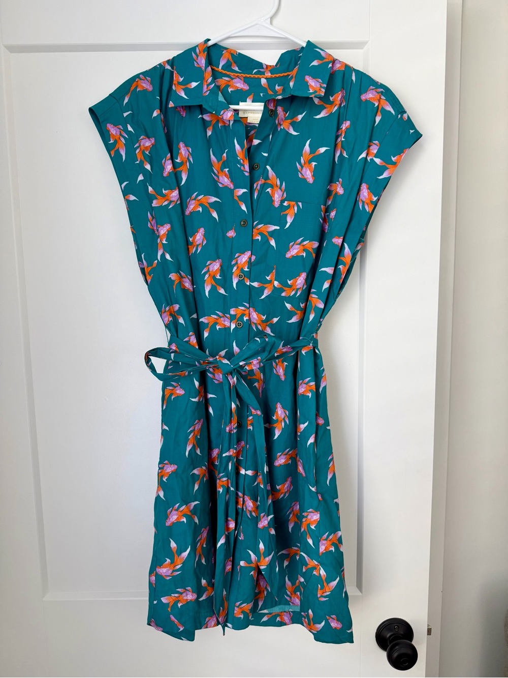 Anthropologie Teal Koi-Print Button-Front Midi Dress with Self-Tie
